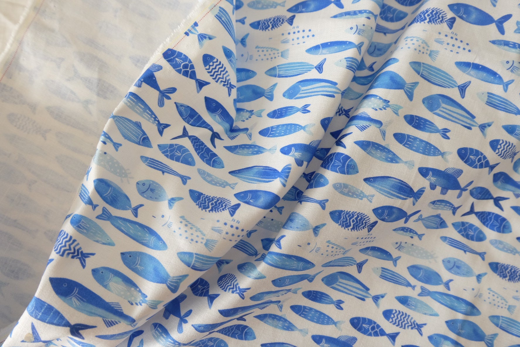 Blue Fish Stretch Linen Cotton Fabric - 2.2 yd