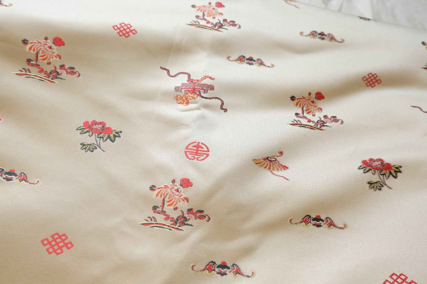 Chinese Motif Brocade Fabric, Ivory Jacquard Satin for Jackets and Vests, 2.19 Yards