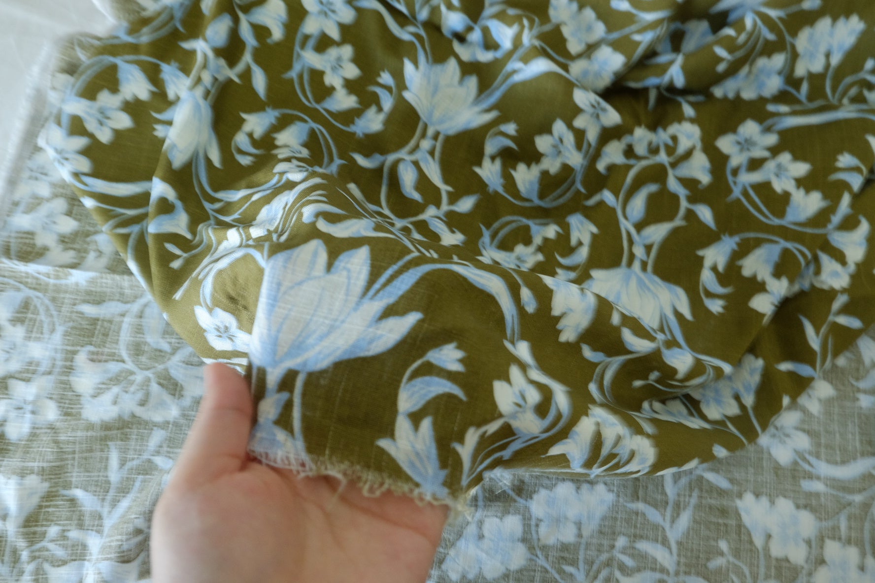 Olive Blue Floral Cotton Linen Blend Fabric – 1.6 yd