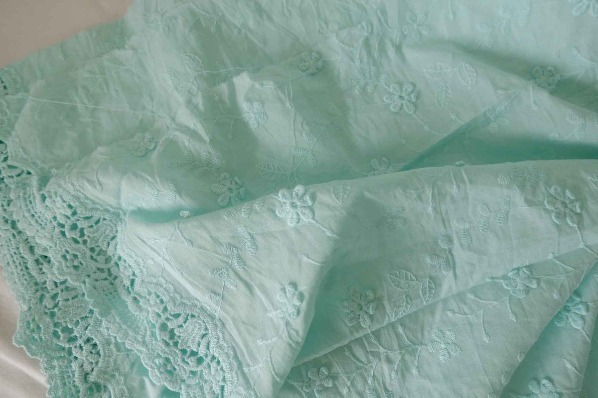 Mint Floral Border Embroidered Cotton — 2.19 yd