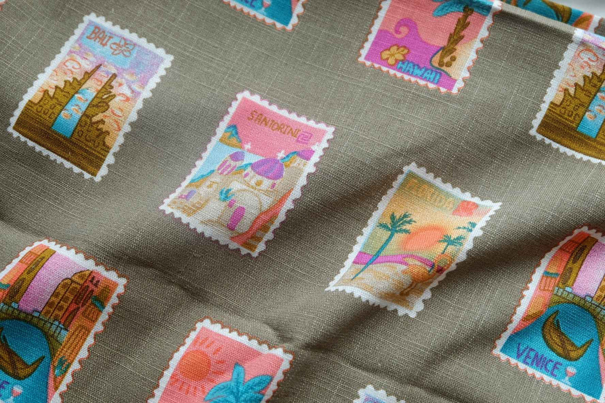 Travel Stamp Print Lyocell Linen — 2.2 yd