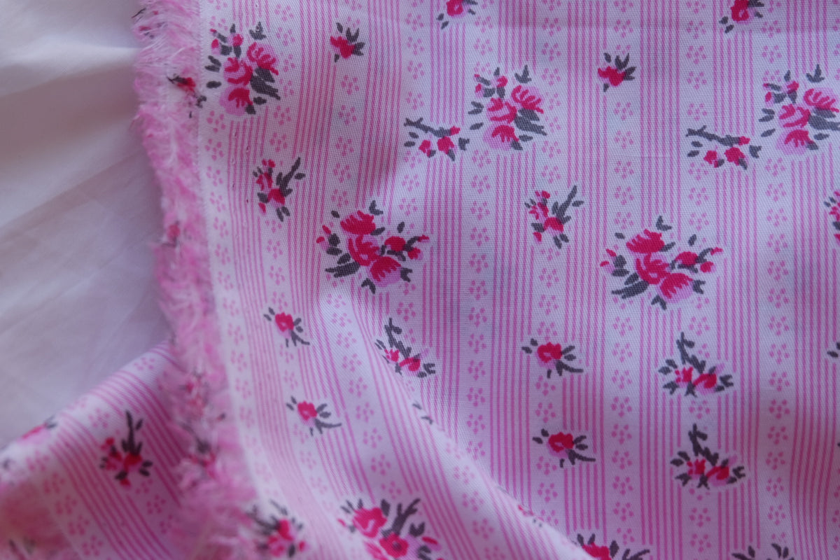 Vintage Pink Rose Stripe Soft Cotton Fabric – 3.28 yd