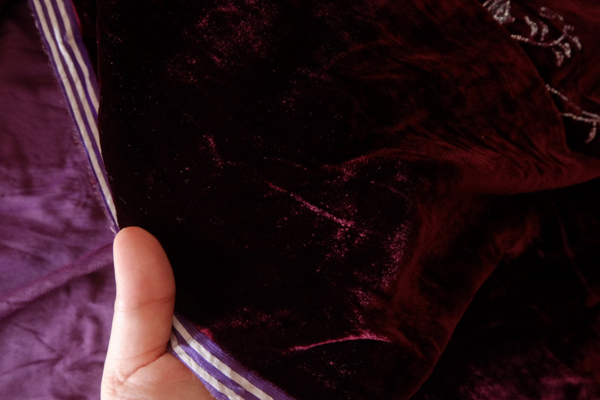 Deep Plum Burgundy Floral Embroidered Silk Velvet – 2.08 yd