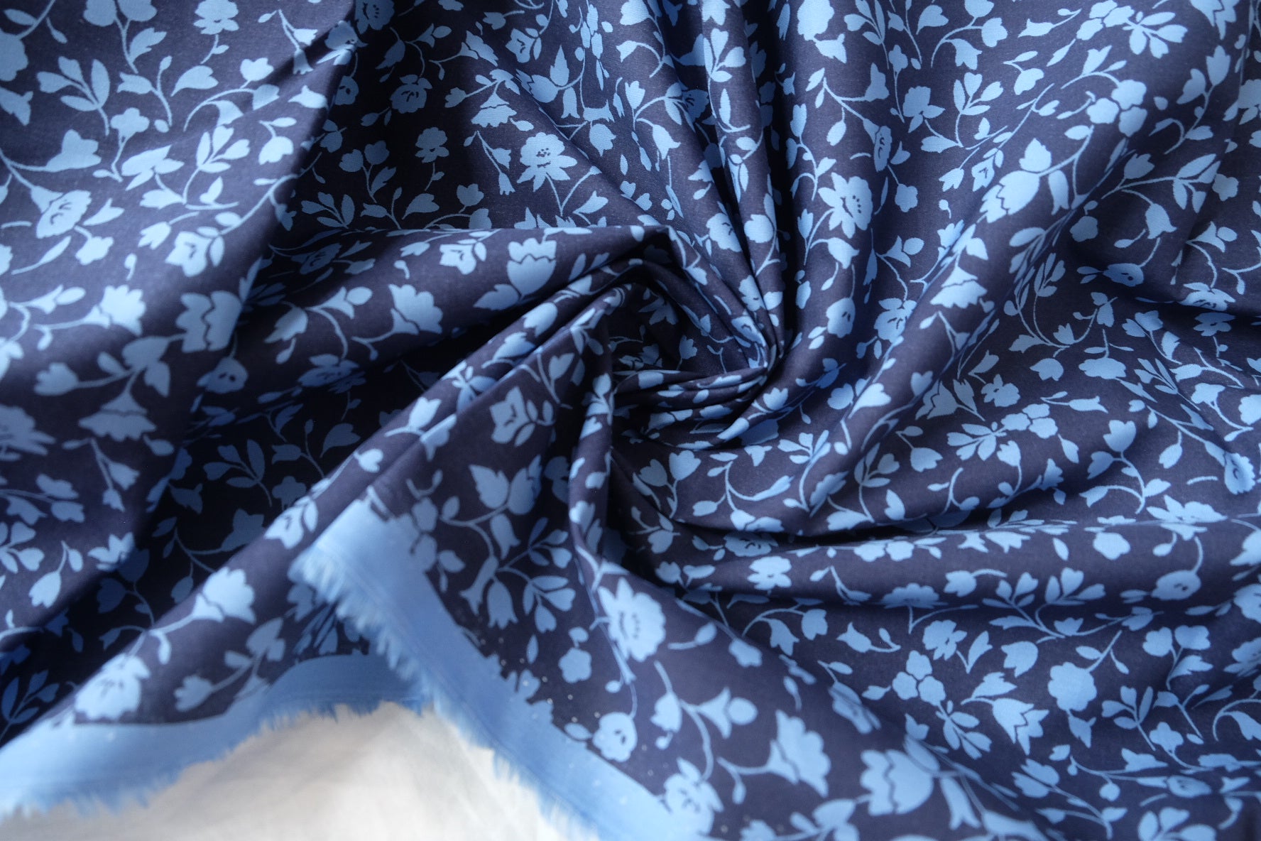 Blue Vine Floral Silky Cotton Lawn Fabric - 2.19 yd