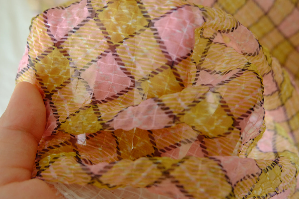 Retro Pink & Mustard Checked Crinkle Chiffon – 2.19 yd