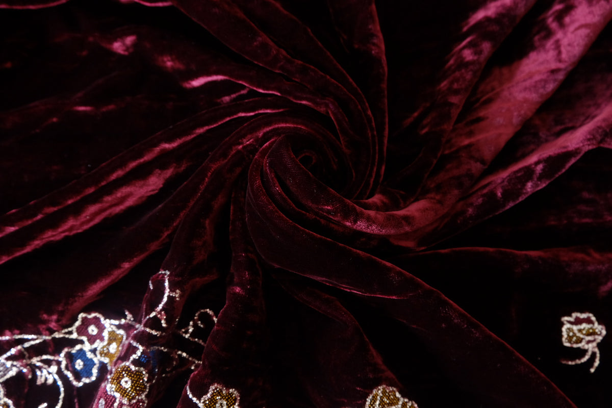 Deep Plum Burgundy Floral Embroidered Silk Velvet – 2.08 yd