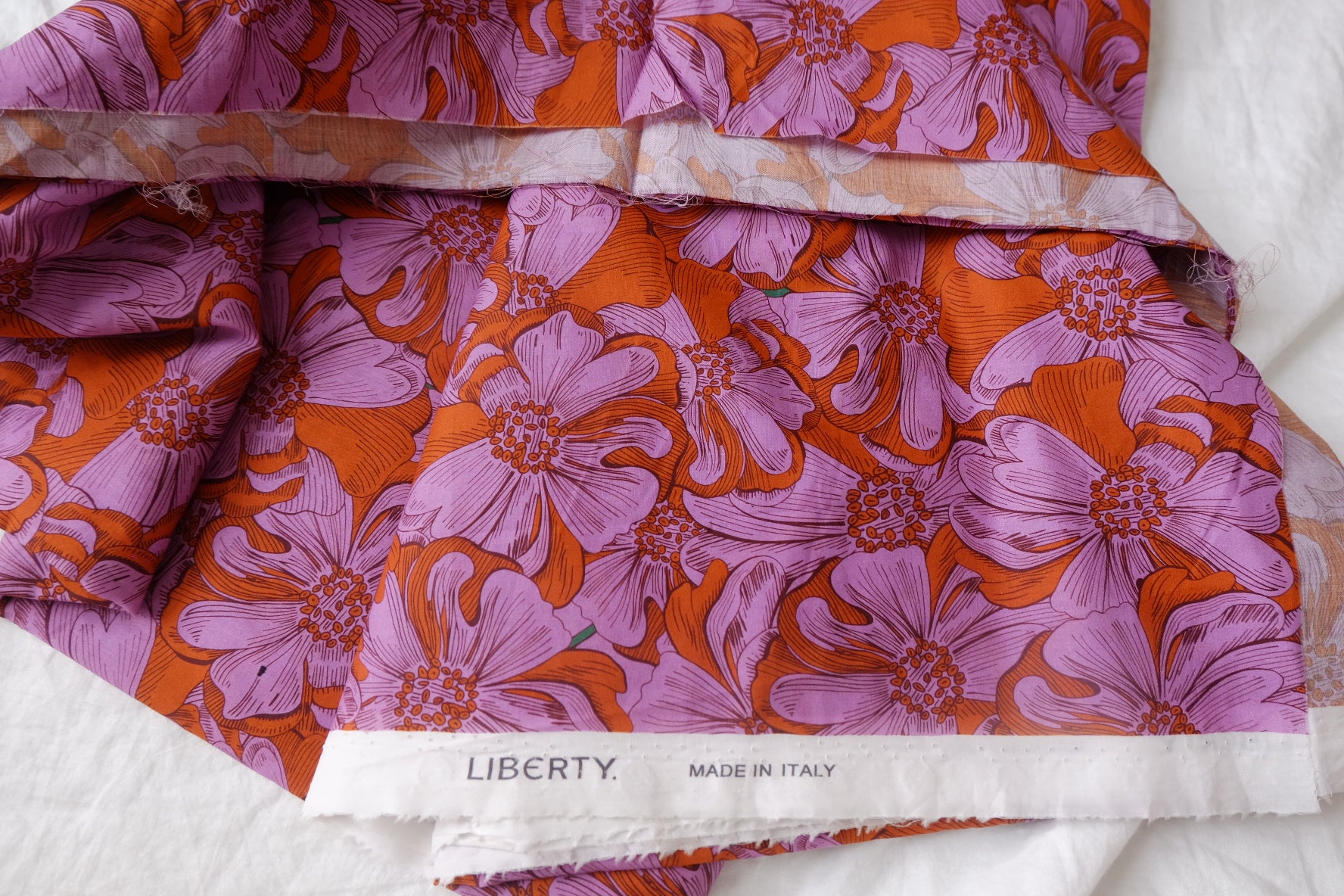 Purple Orange Vintage Floral Cotton Lawn Fabric - 3.17 yd