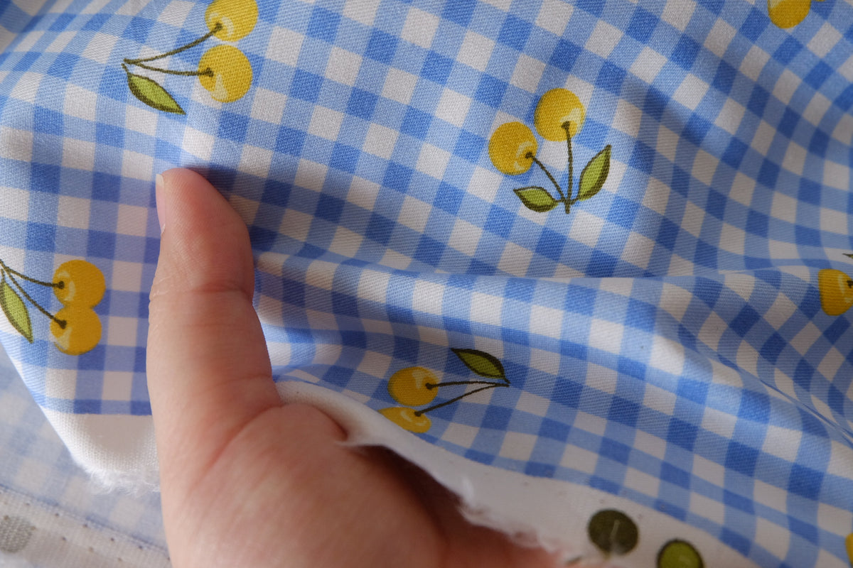 Little Golden Cherries Blue Gingham Cotton Poplin – 2.7 yd