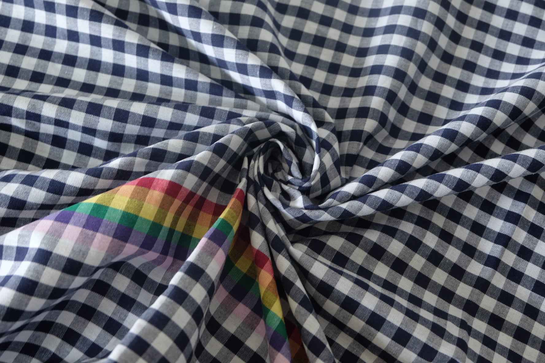 Navy Gingham Rainbow Border Yarn-Dyed Cotton Fabric – 1.6 Yards