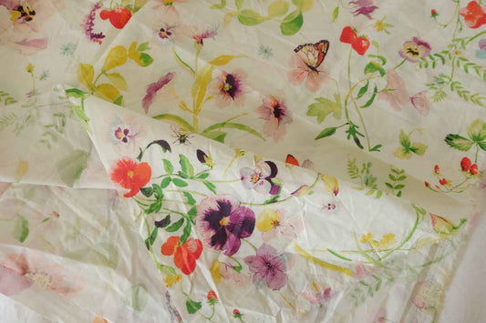 Watercolor Wildflower Butterfly Cotton Poplin Fabric – 60s Cotton Print – 1 yd