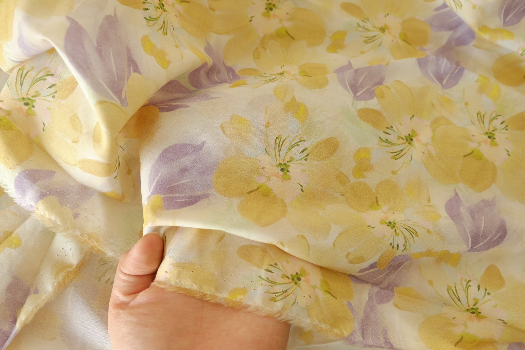 Buttercream Yellow Watercolor Floral Cotton Lawn Fabric — 3.28 yd Piece