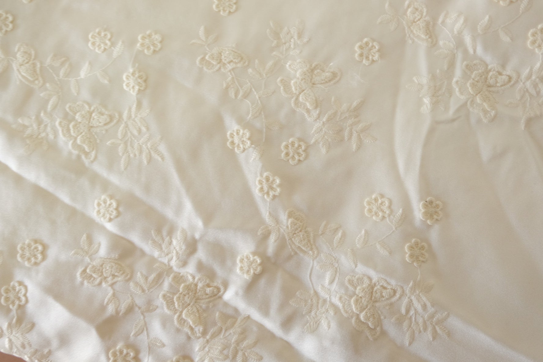 Ivory 3D Floral Embroidered Acetate Satin Fabric – 2.2 yd
