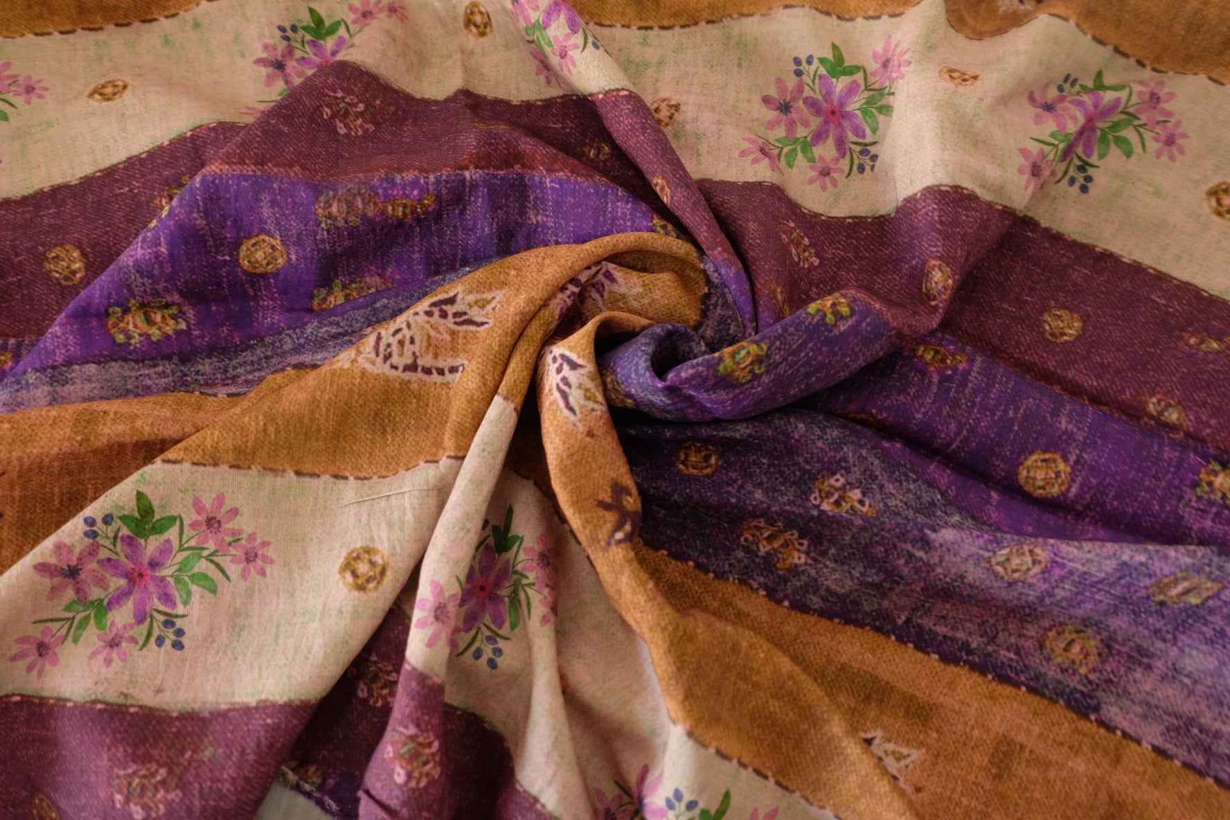 Purple & Brown Floral Stripe Rayon Linen Blend Fabric – 1.9 yd