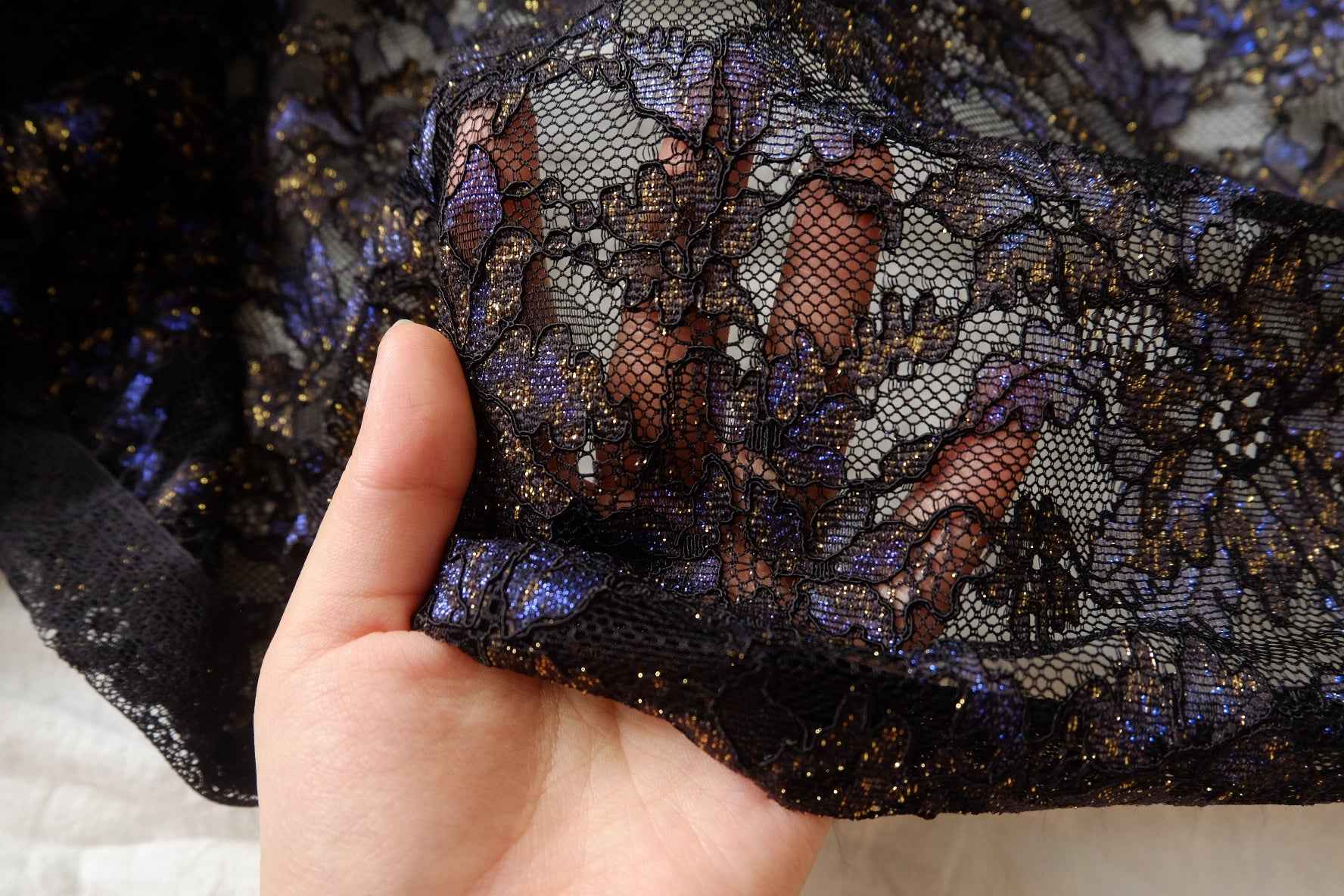 Black Metallic Blue-Gold Lace Fabric - 3.28 yd