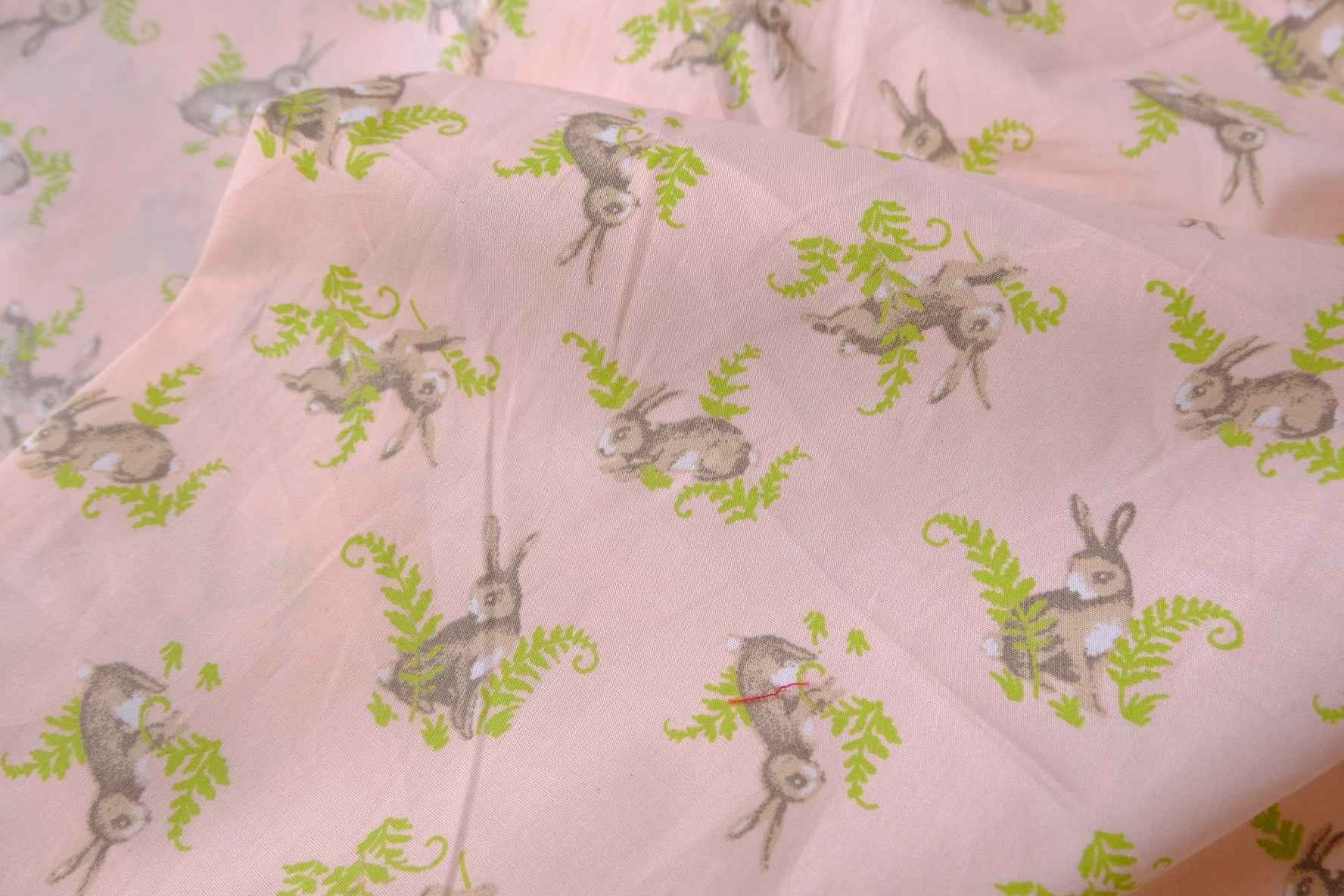 Lightweight Cotton Poplin Fabric, Pink Bunny and Fern Print, 1.64 Yards