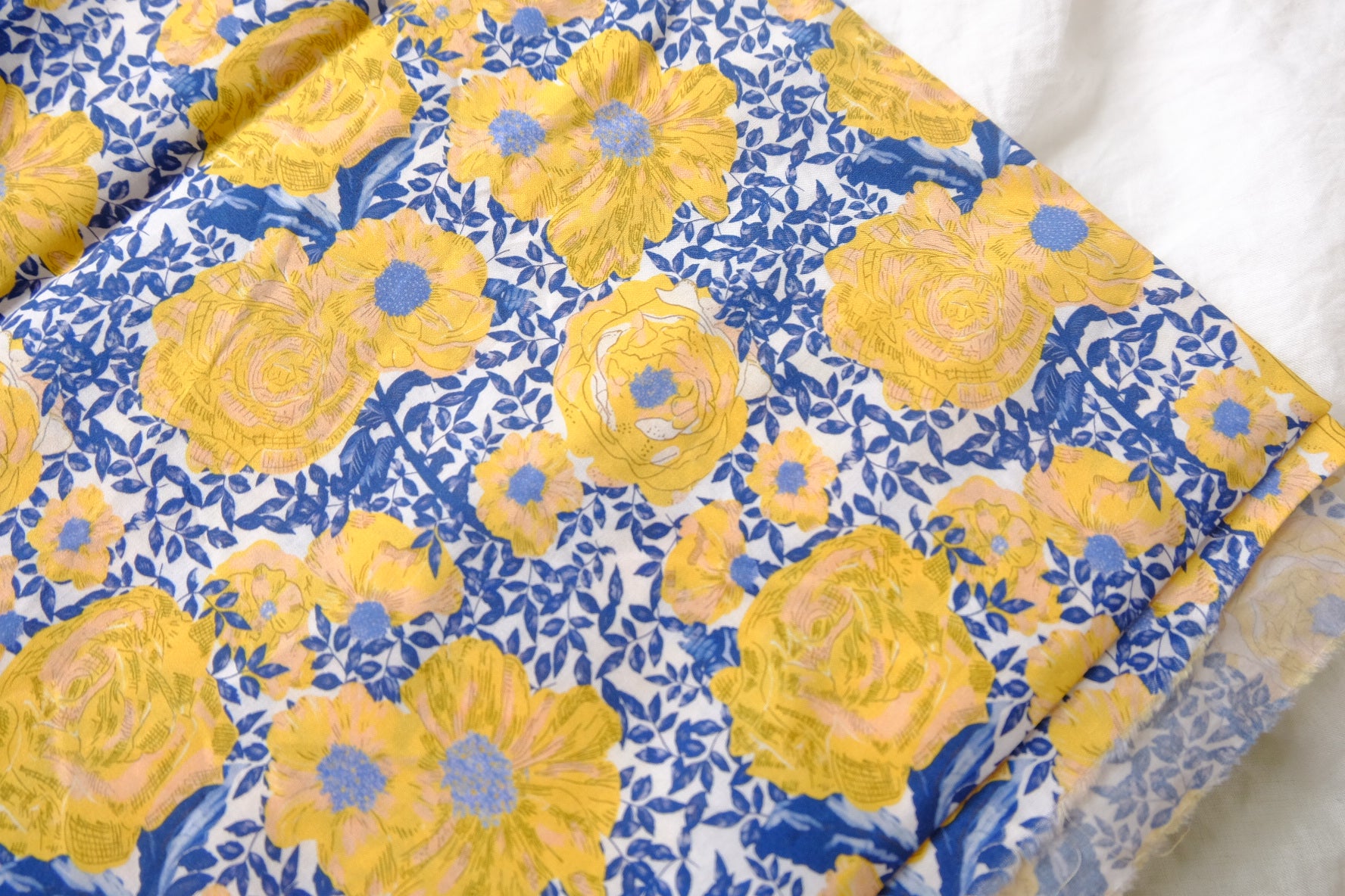 Yellow Blue Rose Garden Cotton Lawn Fabric - 2.95 yd