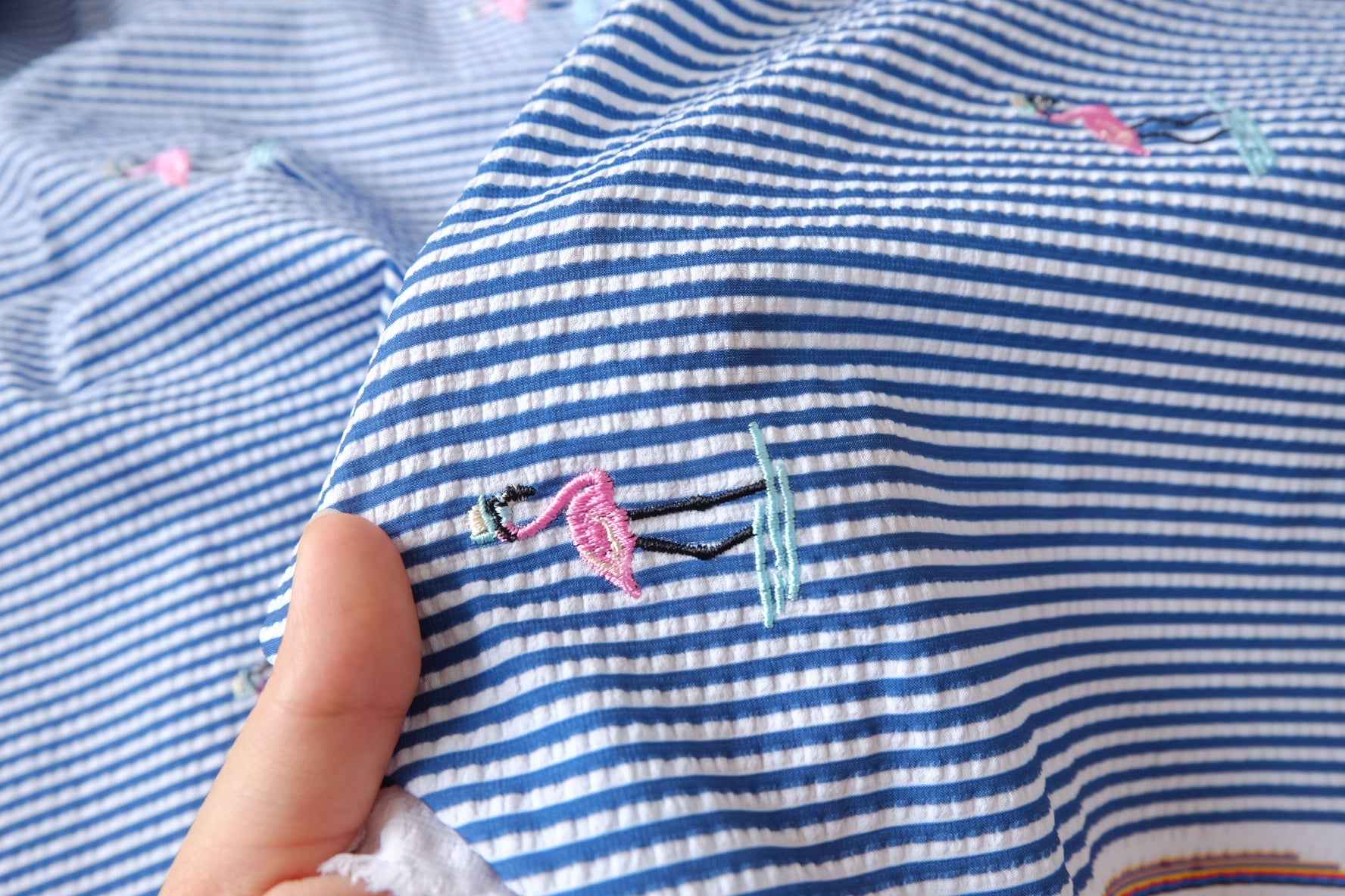 Flamingo Embroidered Seersucker-Texture Fabric - 1.09 yd