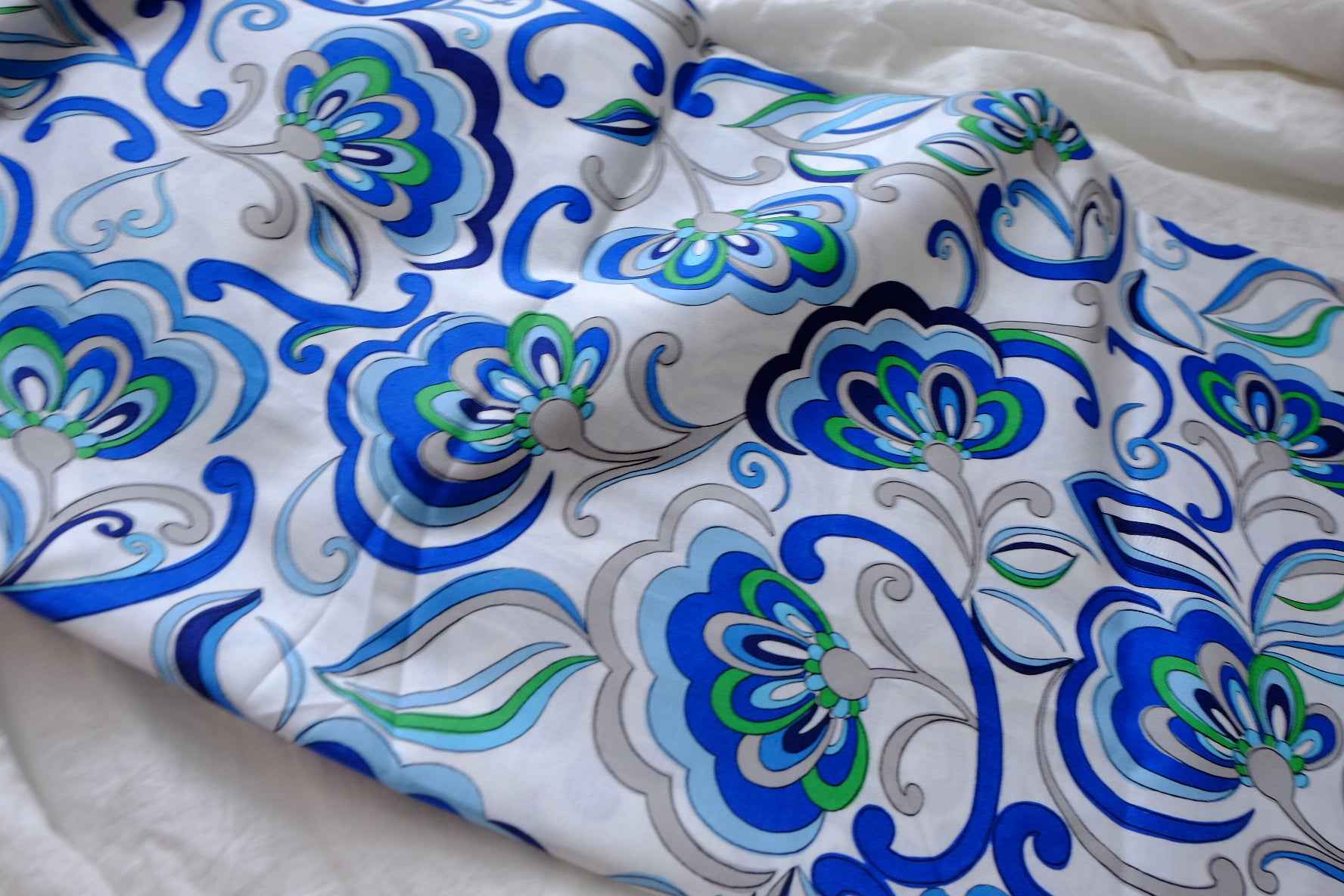 Blue Mod Floral Designer Deadstock Cotton Fabric - 1.64 Yards