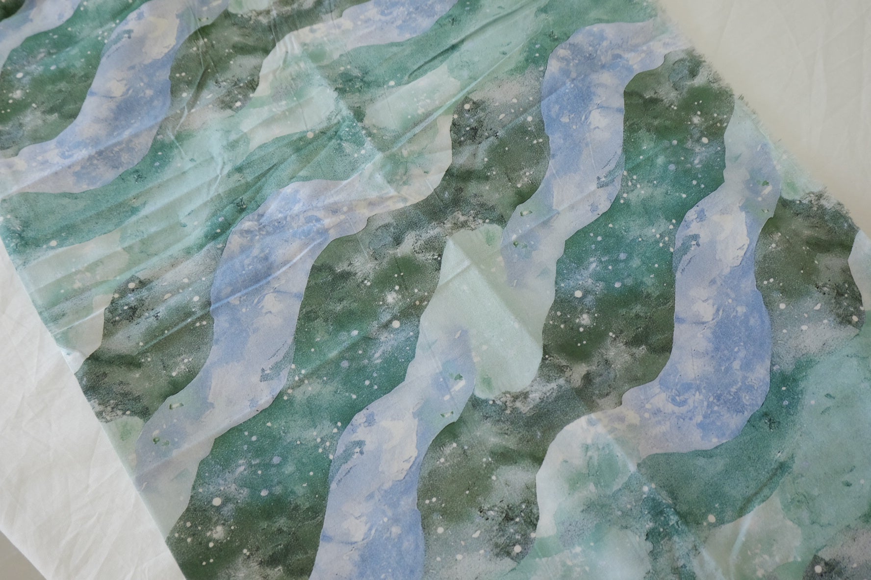 Abstract Watercolor Cotton Fabric – Green Blue Wave Print (2 yd Cut)
