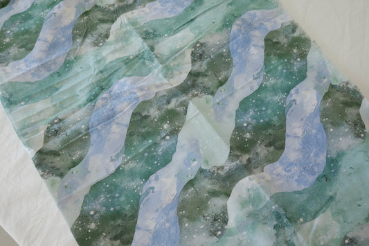 Abstract Watercolor Cotton Fabric – Green Blue Wave Print (2 yd Cut)