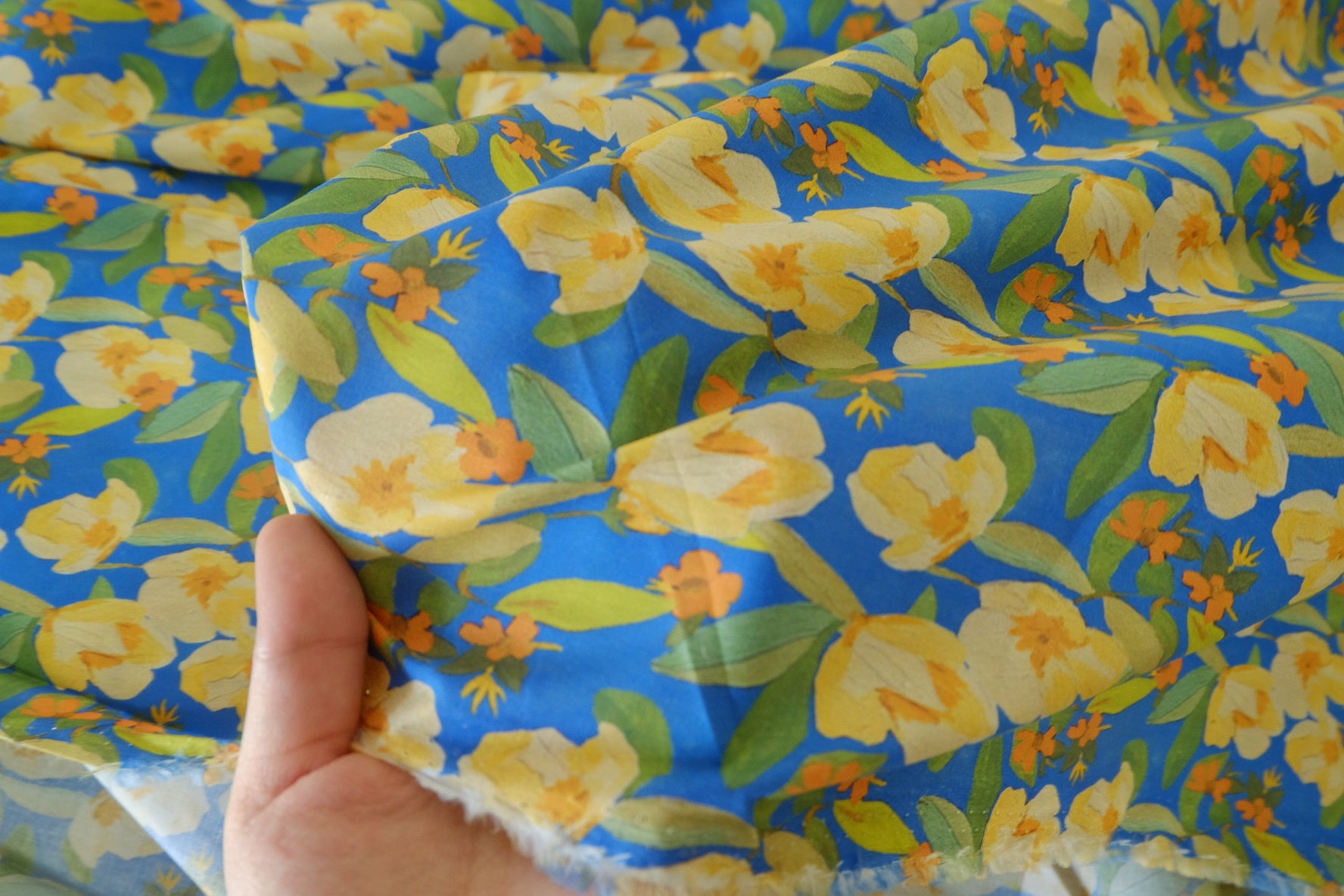 Blue Yellow Floral Cotton Lawn Fabric – 2.2 yd
