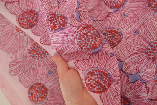 Hand Block Printed Indian Cotton Fabric – Pink Lotus Floral – Sold by the Meter