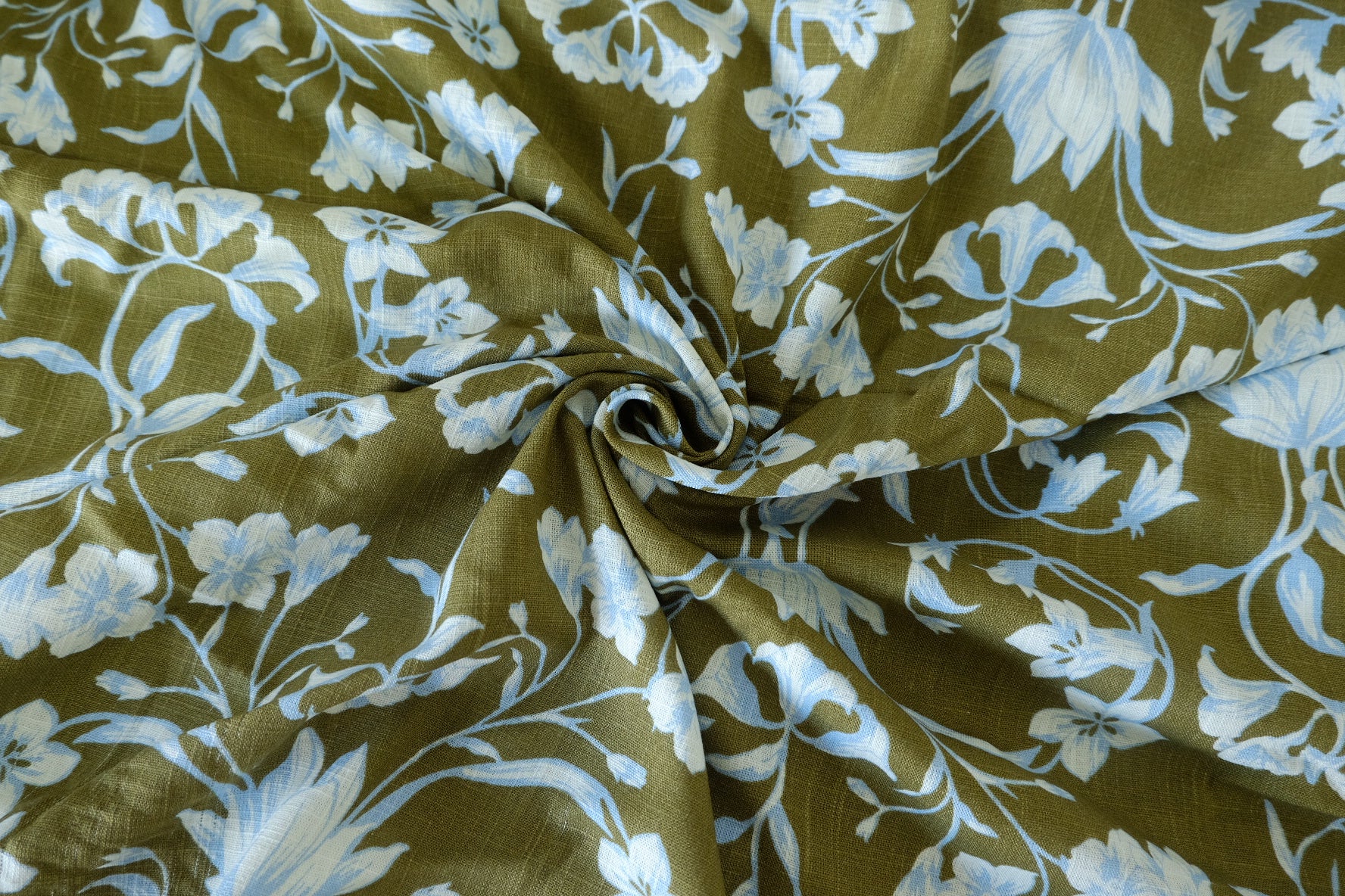 Olive Blue Floral Cotton Linen Blend Fabric – 1.6 yd