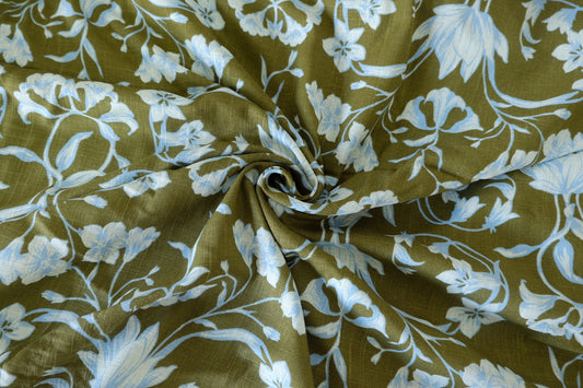Olive Blue Floral Cotton Linen Blend Fabric – 1.6 yd