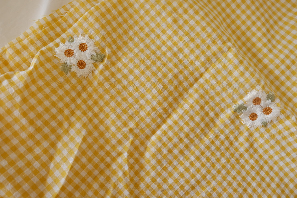 Sunny Daisy – Embroidered Yellow Gingham Cotton Blend | 2.2 yards