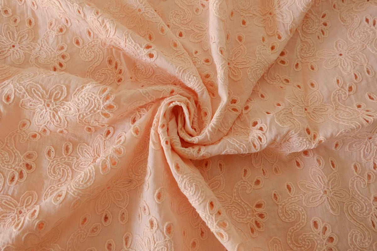 Peach Floral Embroidered Cotton Eyelet Fabric – 1.7 yd