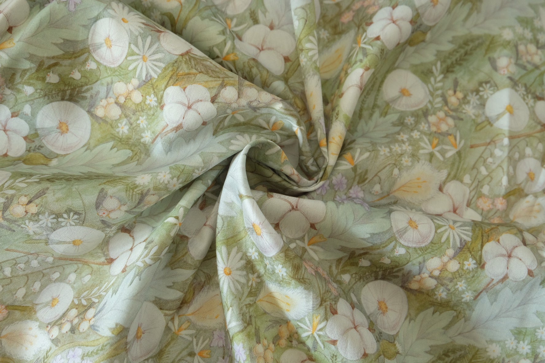 Sage Botanical Floral Cotton Sateen Fabric – Soft Green Garden Print – 1.6 yd