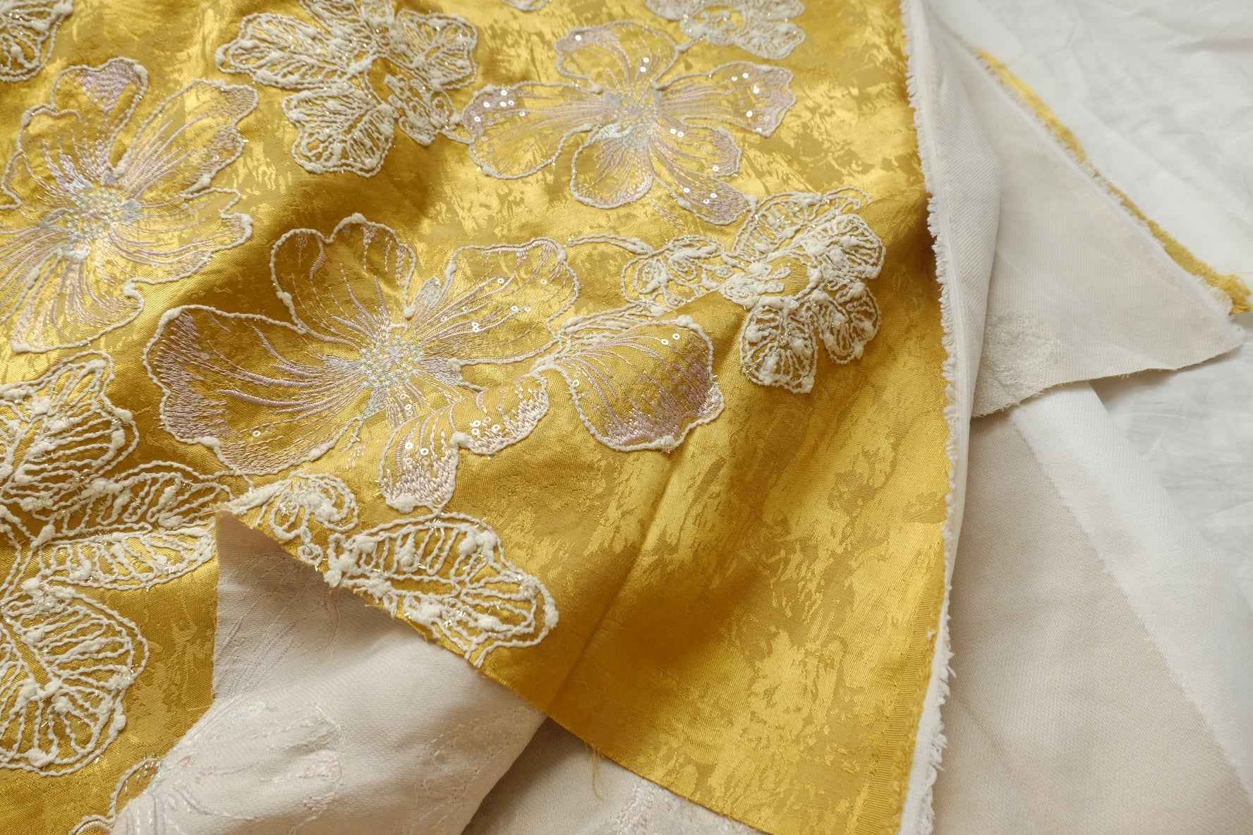 Golden Floral Embroidered Jacquard Satin, Structured Statement Fabric, 2.19 Yards