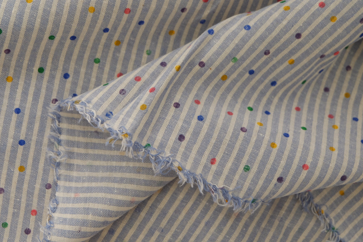 Sky Blue Striped Cotton-Linen with Confetti Dots – 2.2 yd