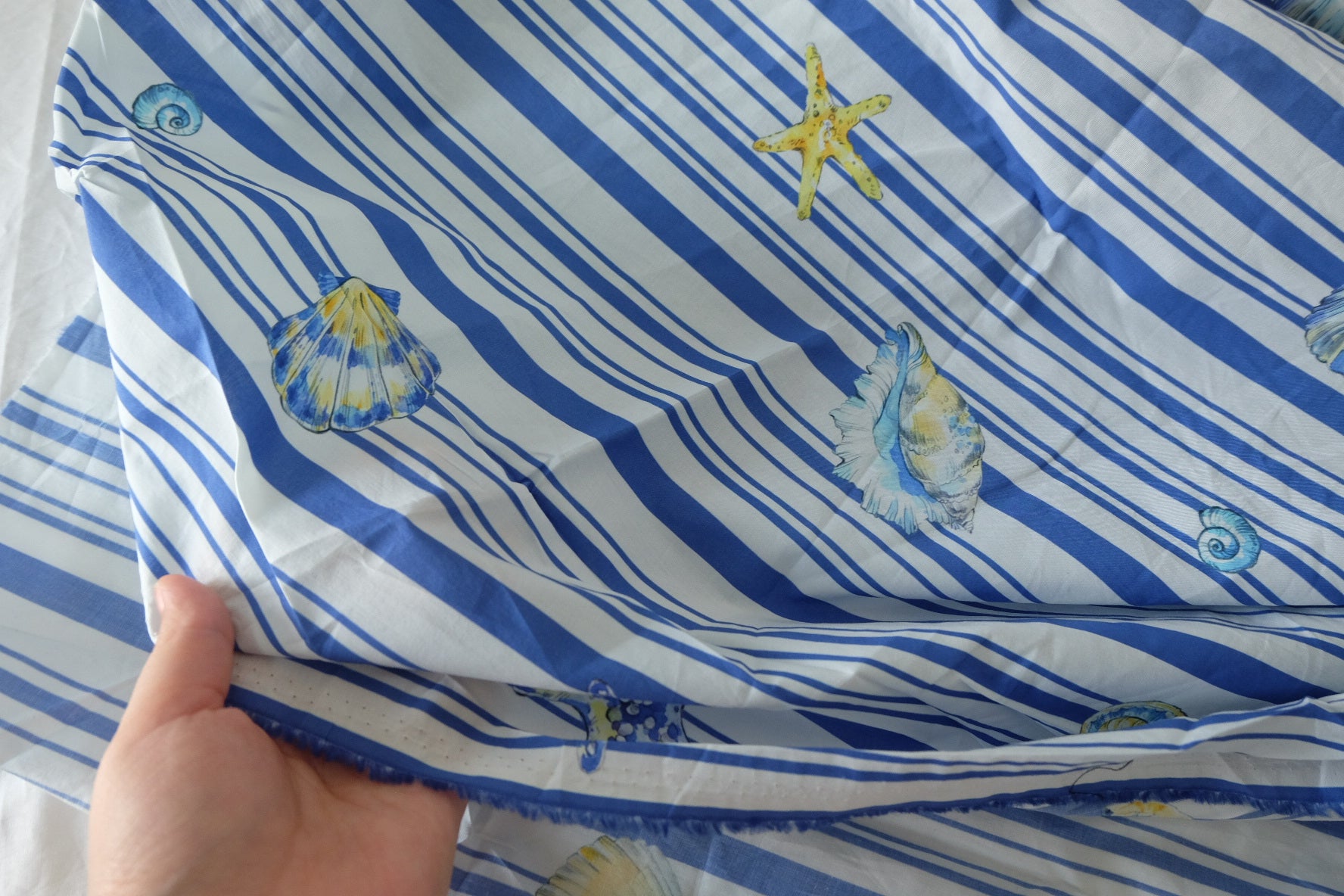 Blue Coastal Shell Stripe Cotton Lawn Fabric – 3.3 yd