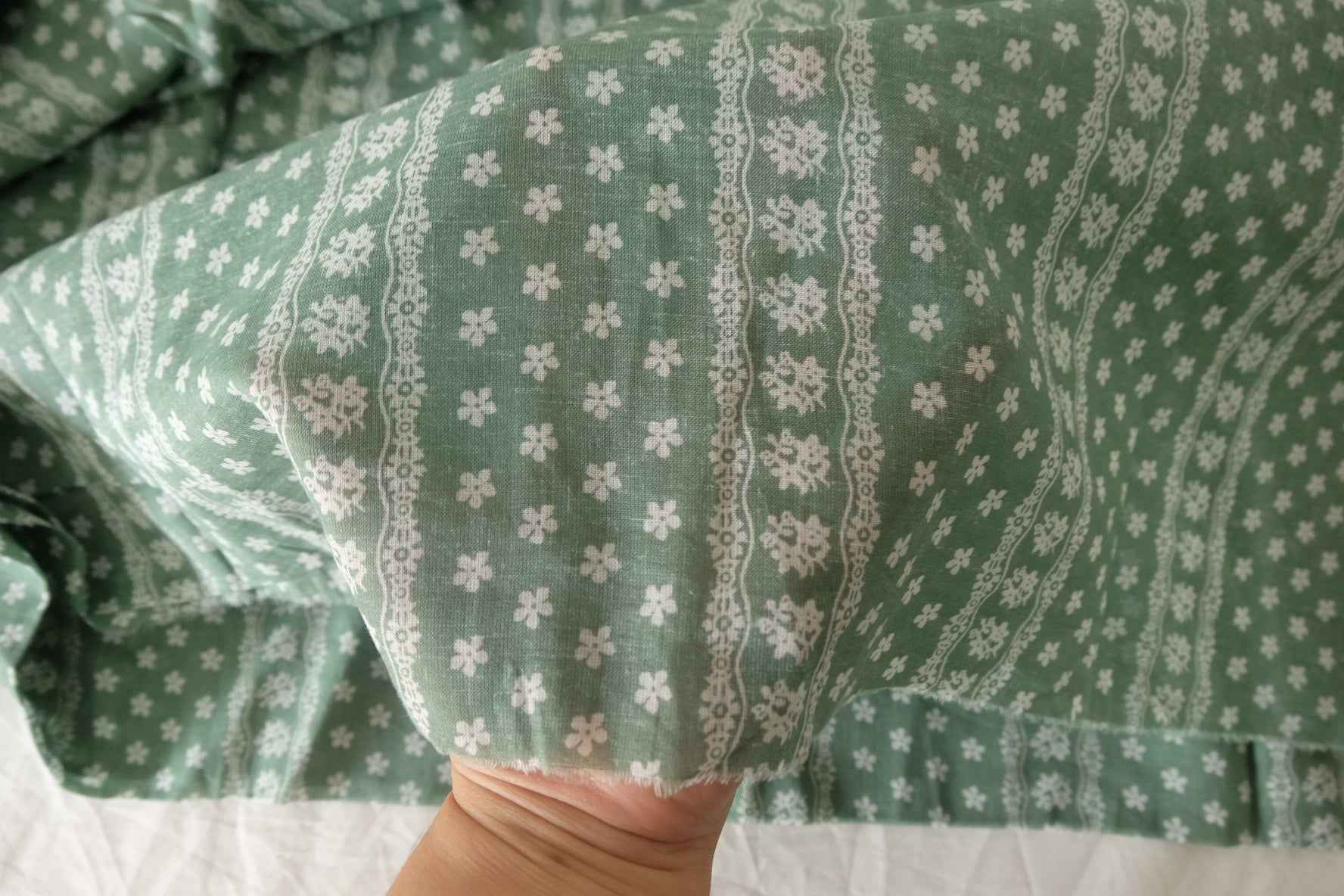 Sage Green Floral Stripe Cotton Voile Fabric – 3.8 Yards