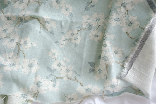 Pale Blue Floral Heavyweight Linen Fabric - 1.64 yd