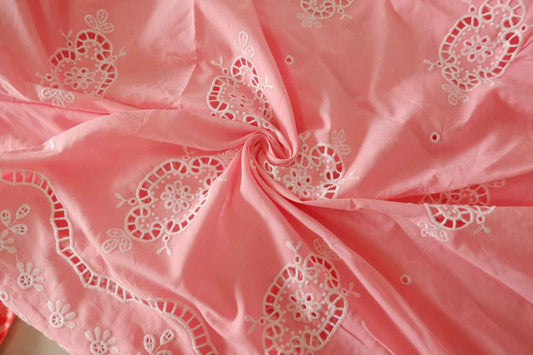 Coral Pink Double Border Embroidered Cotton — 2.46 yd