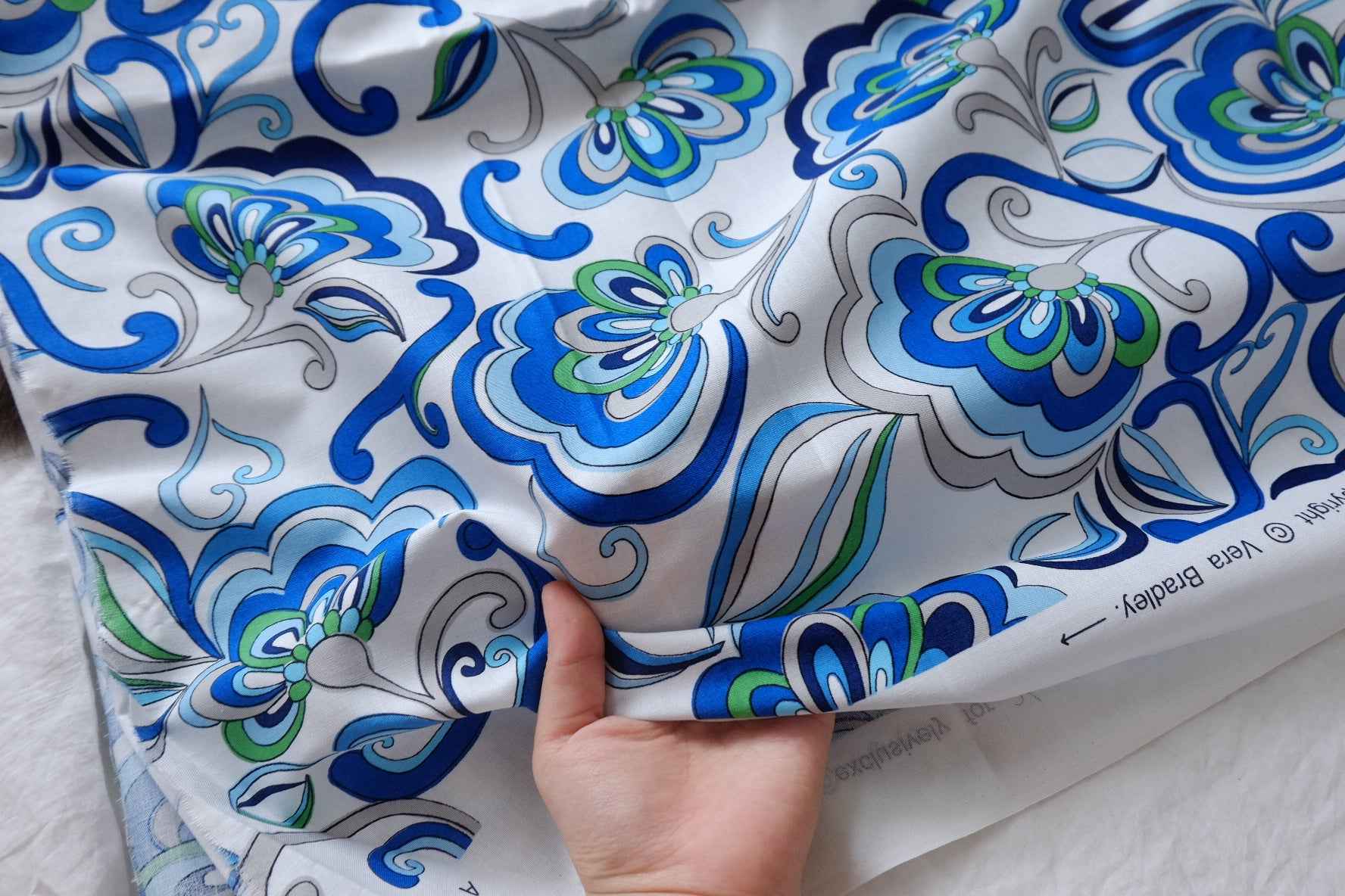 Blue Mod Floral Designer Deadstock Cotton Fabric - 1.64 Yards