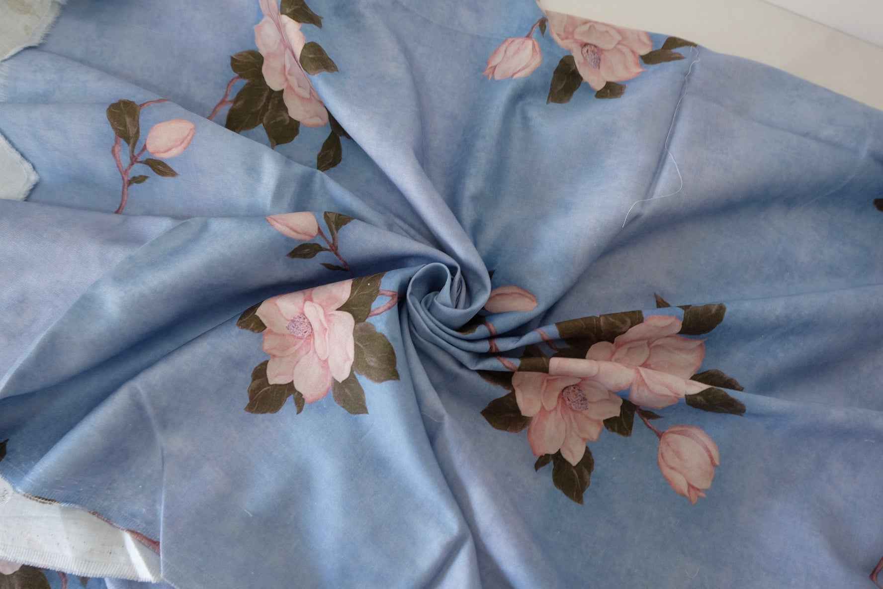 Blue Magnolia Floral Cotton Poplin Fabric – 2.2 yd