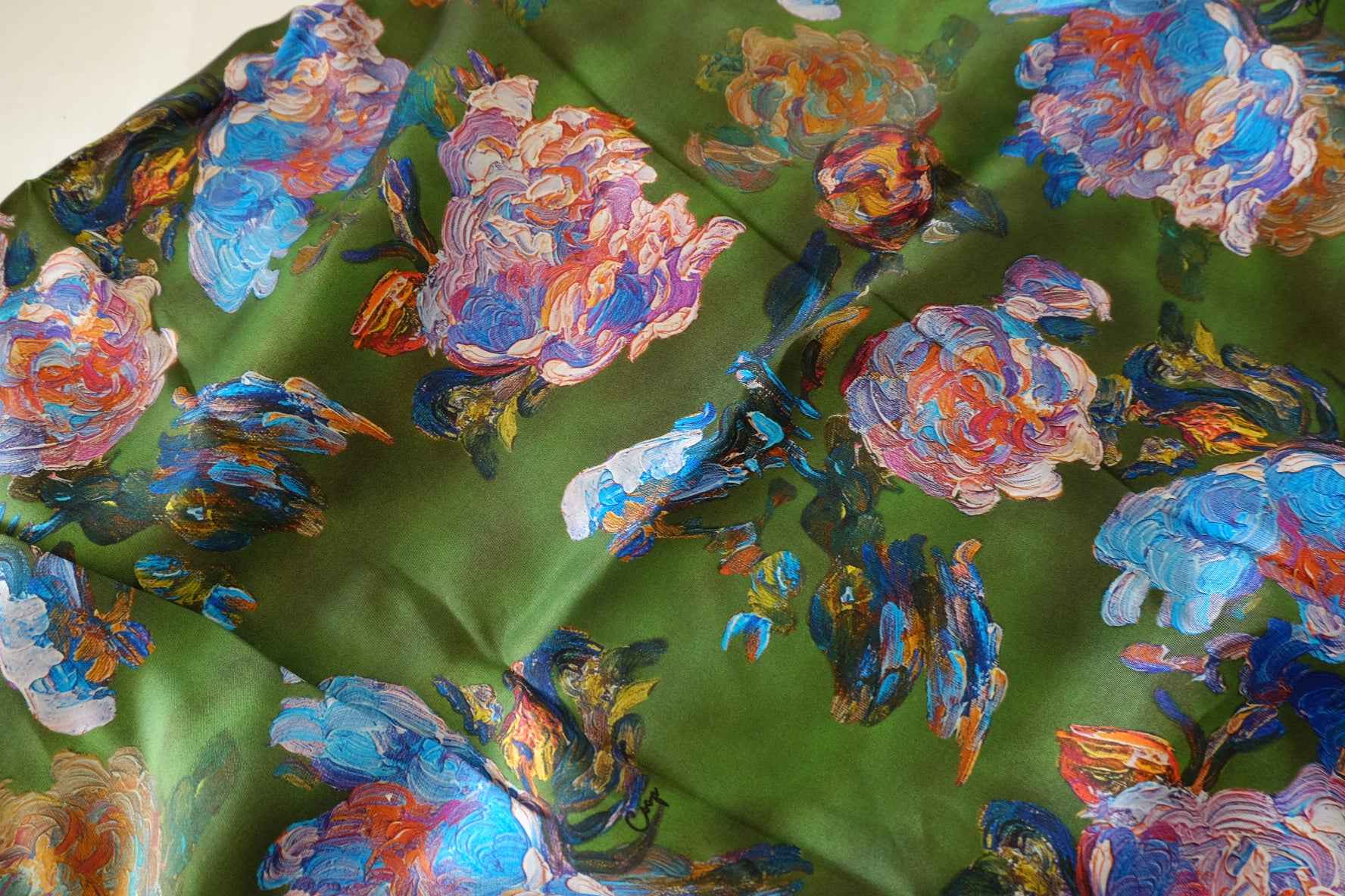 Artistic Watercolor Floral Rayon Fabric – Deep Green – 3.3 yd