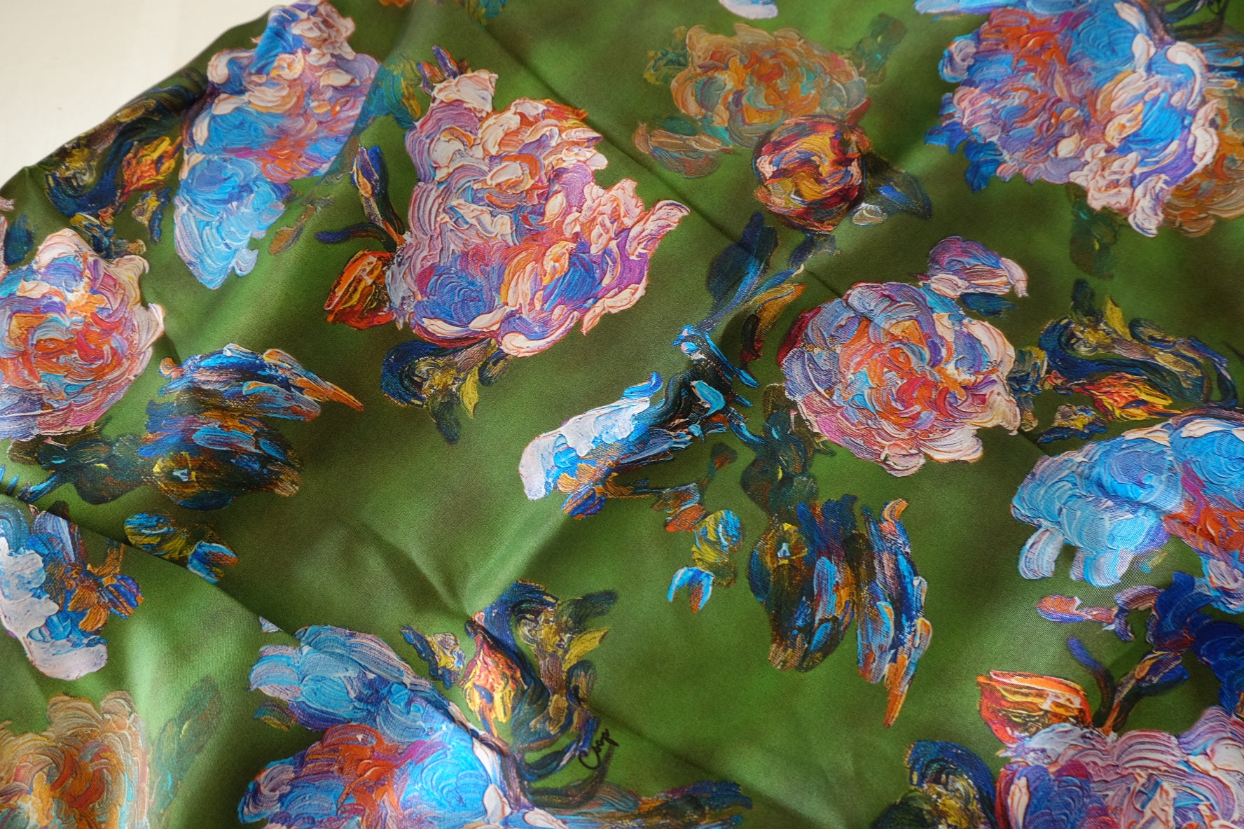 Artistic Watercolor Floral Rayon Fabric – Deep Green – 3.3 yd