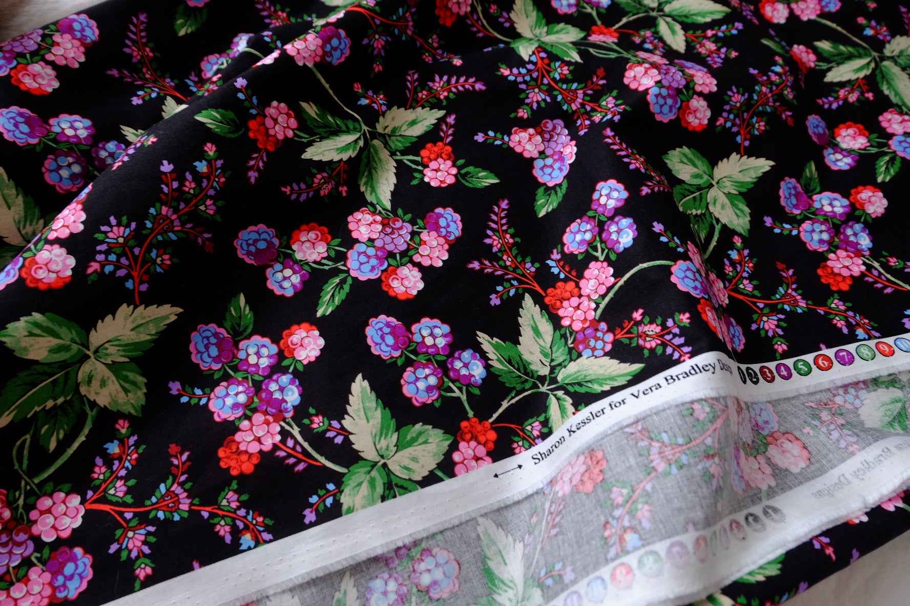 Black Berry Floral Designer Deadstock Cotton Fabric - 1.64 Yards