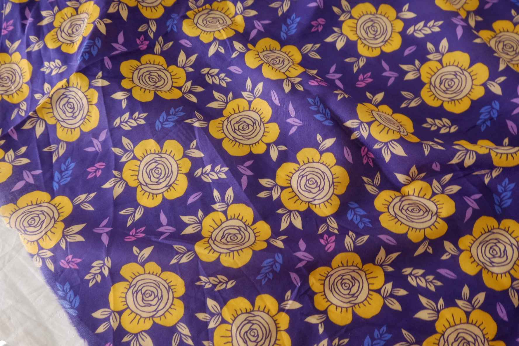 Purple & Mustard Rose Cotton Lawn Fabric – Two-Piece Bundle, 1.5 yd Total