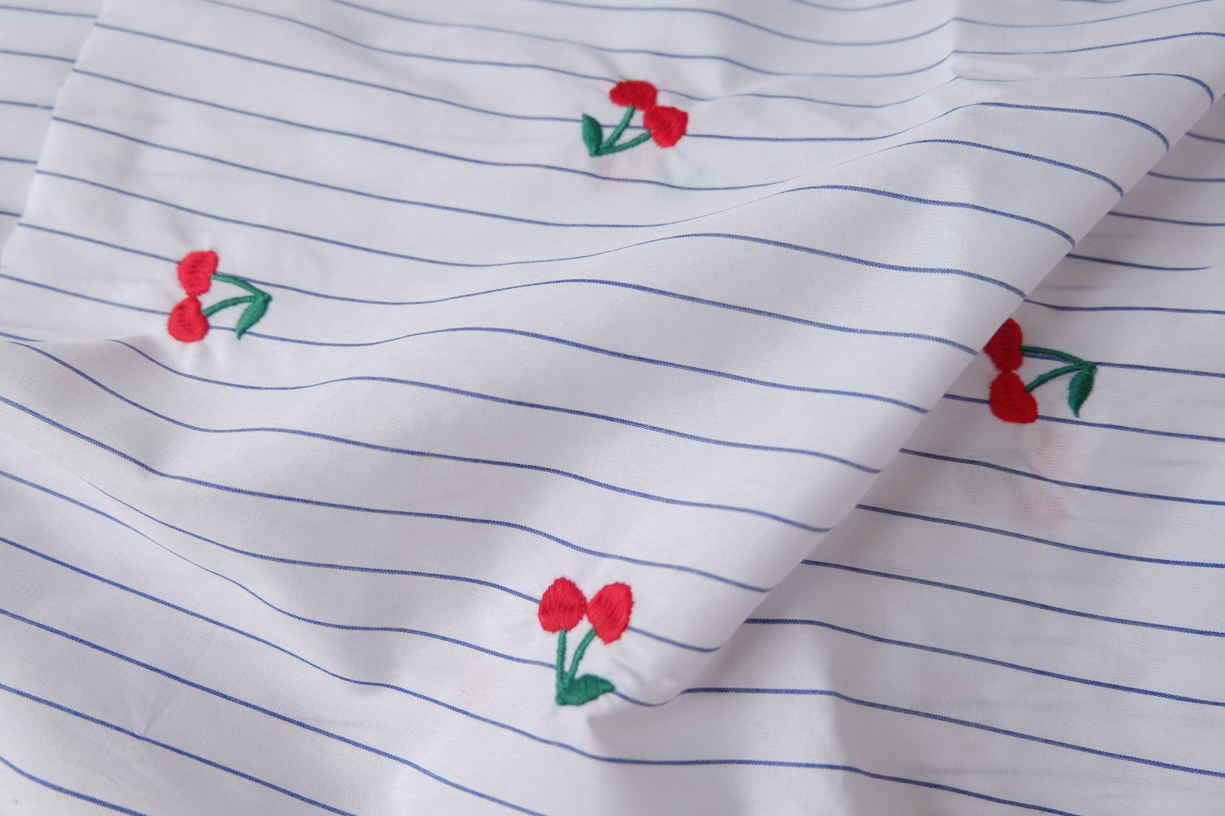 Cherry Embroidered Striped Cotton Fabric 1.6 Yards