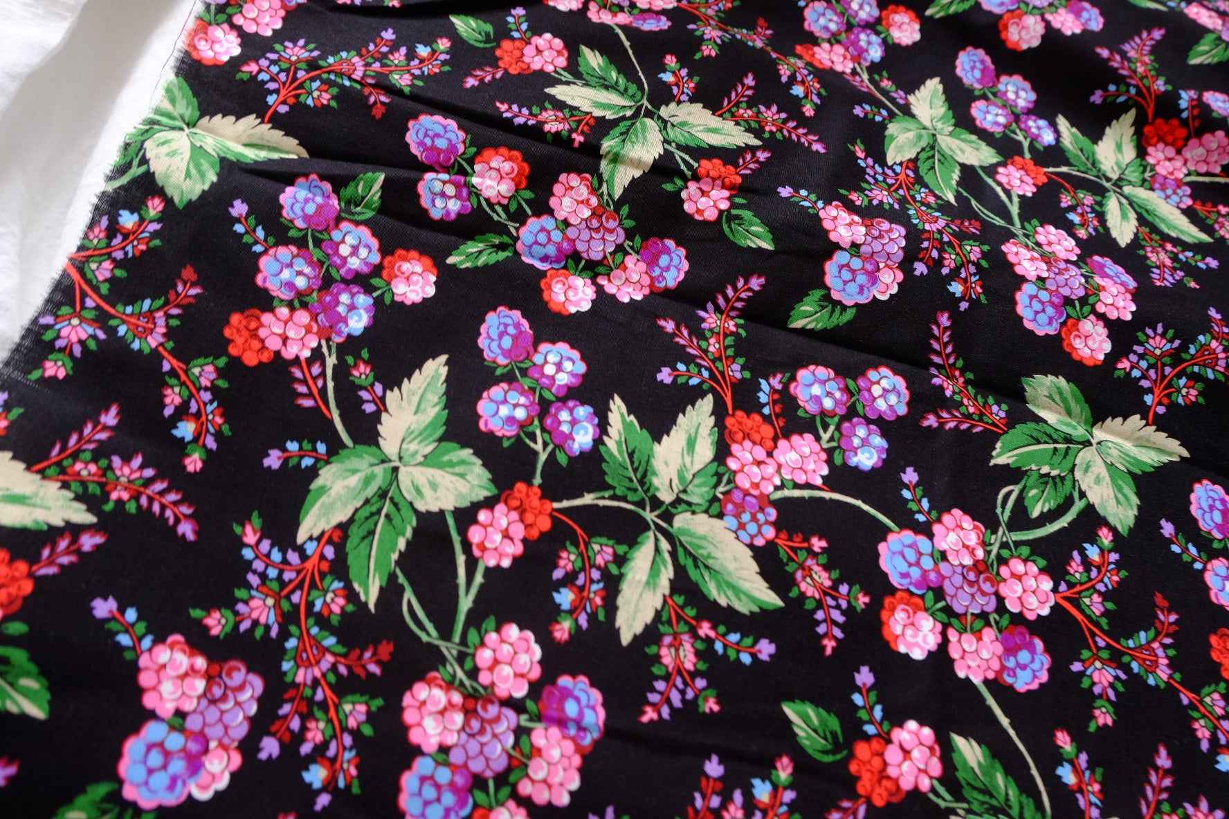 Black Berry Floral Designer Deadstock Cotton Fabric - 1.64 Yards