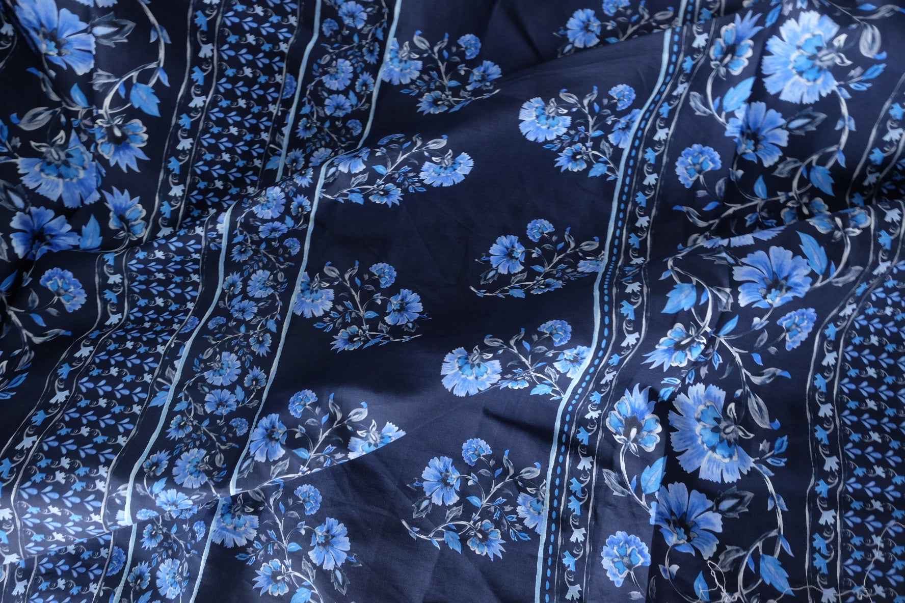 Navy Blue Floral Border Cotton Fabric – 3.3 yd