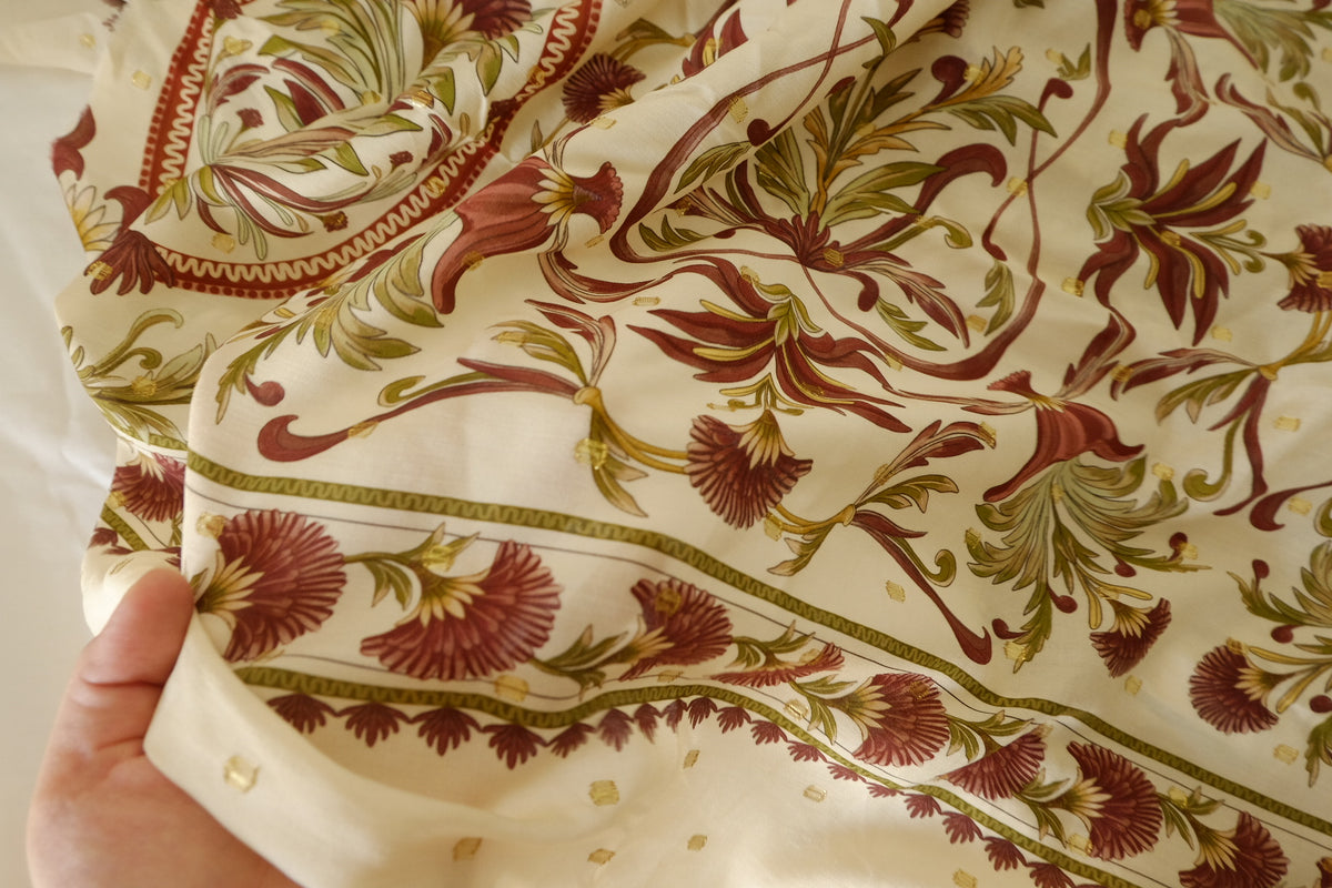 Burgundy Botanical Gold-Dot Rayon Challis – 2.6 yd