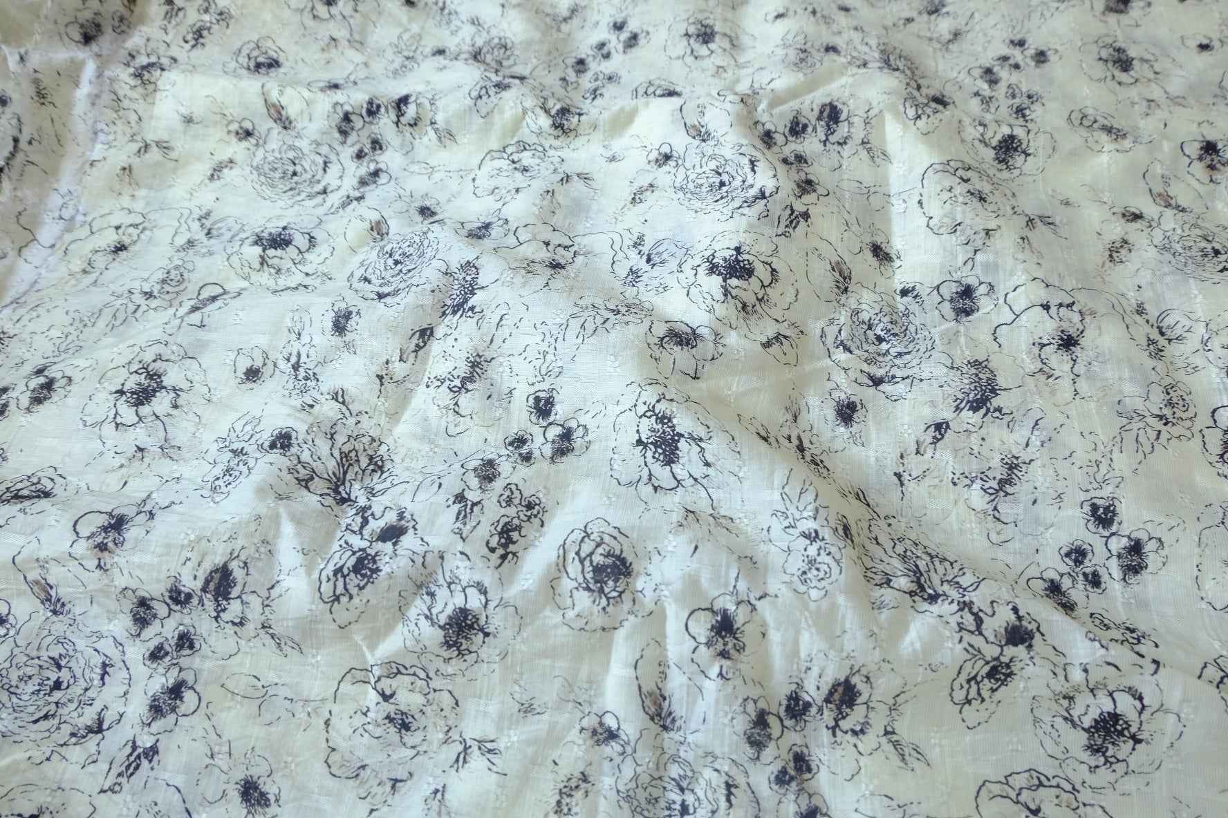 Ivory Sketch Floral Textured Polyester Fabric - 4.37 yd