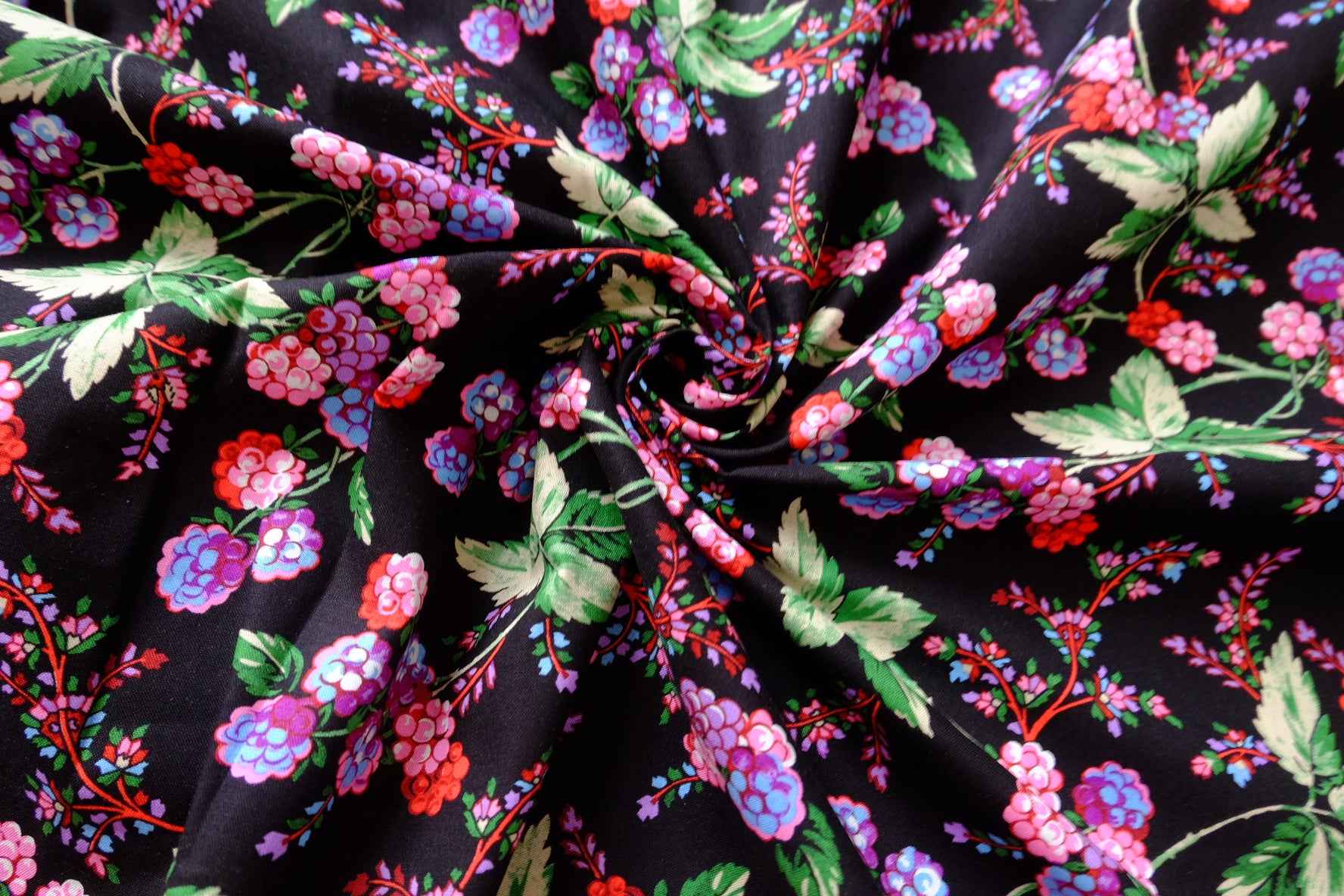 Black Berry Floral Designer Deadstock Cotton Fabric - 1.64 Yards