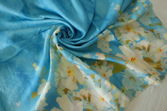 Blue Floral Tencel Border Cut — 1.75 yd